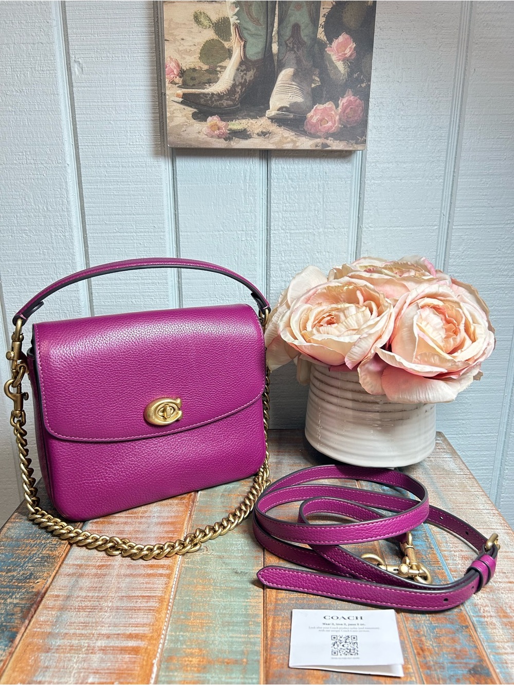 Coach “Cassie” Pebbled Leather Crossbody in Bright Magenta with Gold Hardware